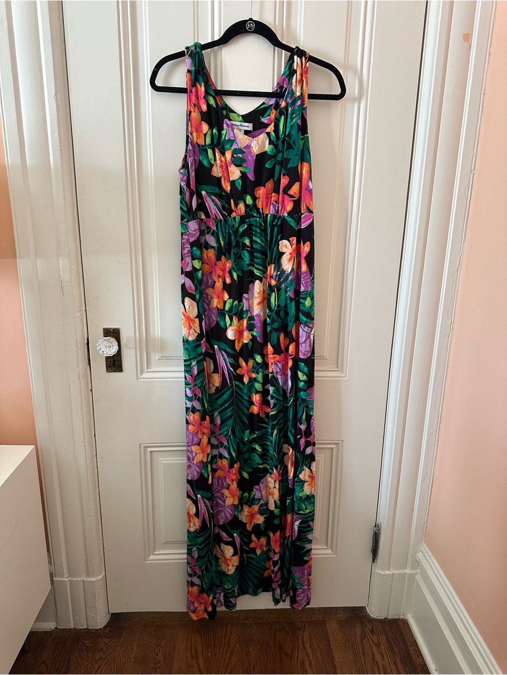 Tommy Bahama Black Tropical Floral Maxi Dress with Pink & Orange Blooms